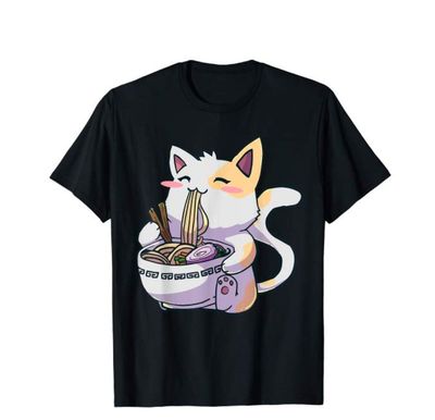 חולצת טריקו של מתנות ראמן עם חתול שמח