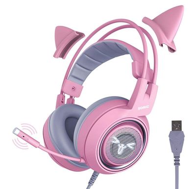 SOMIC G951 Auriculares para juegos con sonido envolvente 7.1 Pink Cat Ears con micrófono