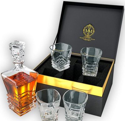 Decantador de whisky de cristal con 4 vasos en elegante caja de regalo