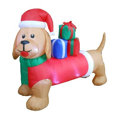 Perro de Navidad con decoración de regalos.